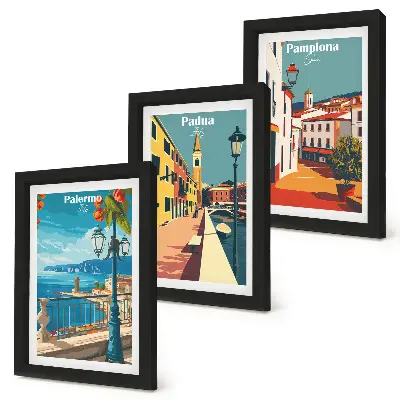 Bilderwand mit beliebten Städten im Retro-Illustrationsstil