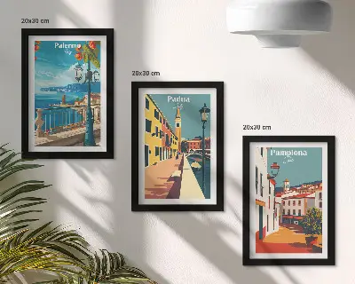 Bilderwand mit beliebten Städten im Retro-Illustrationsstil