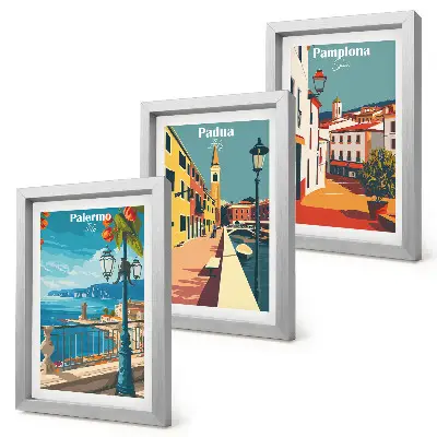 Bilderwand mit beliebten Städten im Retro-Illustrationsstil