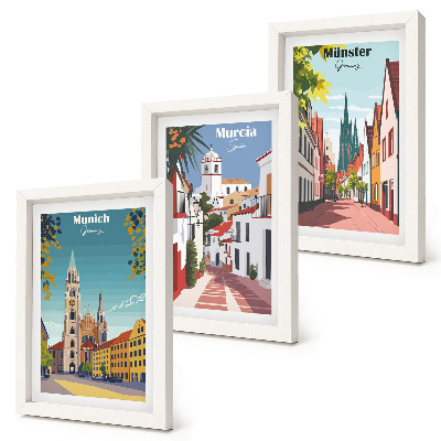 Bilderset mit rahmen Europäische Städte in farbenfrohen Illustrationen