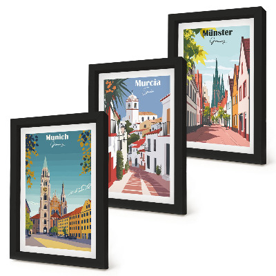 Bilderset mit rahmen Europäische Städte in farbenfrohen Illustrationen
