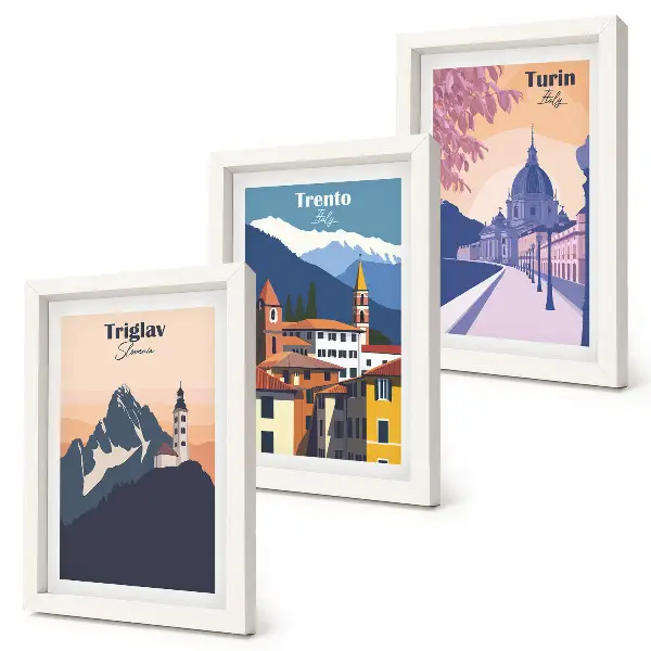 Bilderwand mit Illustrationen von Bergen und Retro-Architektur