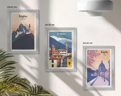 Bilderwand mit Illustrationen von Bergen und Retro-Architektur