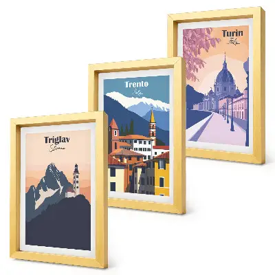 Bilderwand mit Illustrationen von Bergen und Retro-Architektur