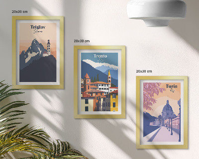 Bilderwand Berge und Retro-Architektur – farbenfrohe Illustrationen