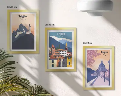 Bilderwand mit Illustrationen von Bergen und Retro-Architektur