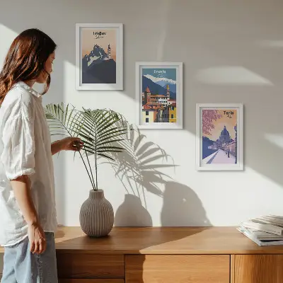 Bilderwand mit Illustrationen von Bergen und Retro-Architektur