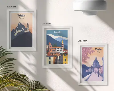 Bilderwand mit Illustrationen von Bergen und Retro-Architektur