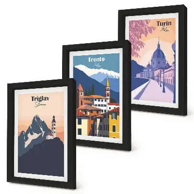 Bilderwand mit Illustrationen von Bergen und Retro-Architektur