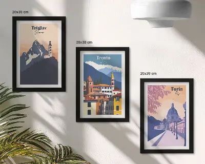 Bilderwand mit Illustrationen von Bergen und Retro-Architektur