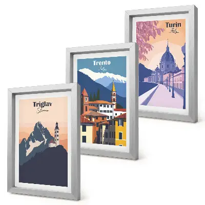 Bilderwand mit Illustrationen von Bergen und Retro-Architektur