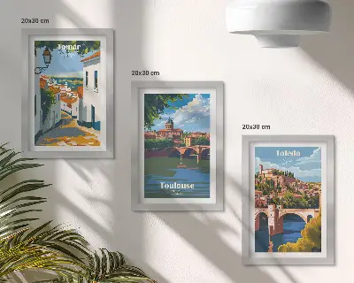 Grafiken berühmter Städte im Retro-Stil Bilderset mit Rahmen