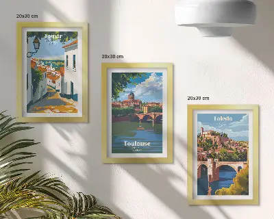 Grafiken berühmter Städte im Retro-Stil Bilderset mit Rahmen