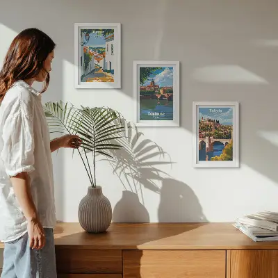 Grafiken berühmter Städte im Retro-Stil Bilderset mit Rahmen