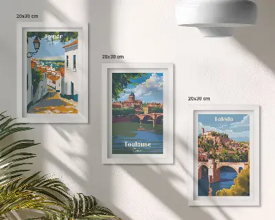 Grafiken berühmter Städte im Retro-Stil Bilderset mit Rahmen