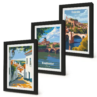 Grafiken berühmter Städte im Retro-Stil Bilderset mit Rahmen