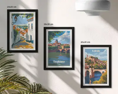 Grafiken berühmter Städte im Retro-Stil Bilderset mit Rahmen