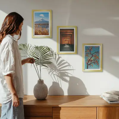 Bilderwand mit japanischen Landschaften, Natur und Architektur aus Asien