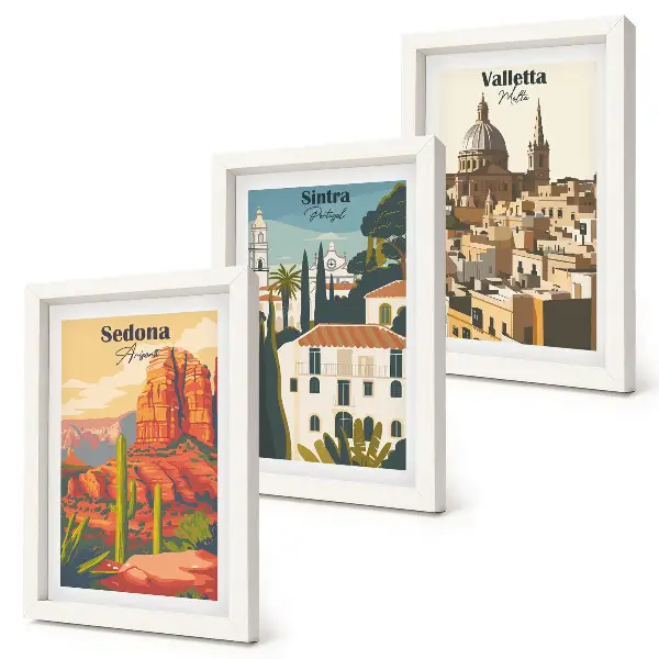 Bilderset Retro-Stadtansichten mit Rahmen von Sedona, Sintra und Valletta