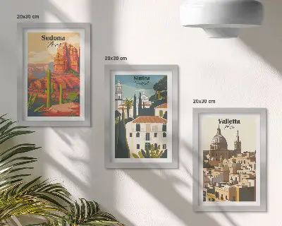 Bilderset Retro-Stadtansichten mit Rahmen von Sedona, Sintra und Valletta