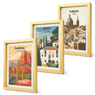 Bilderset Retro-Stadtansichten mit Rahmen von Sedona, Sintra und Valletta