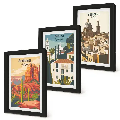 Bilderset Retro-Stadtansichten mit Rahmen von Sedona, Sintra und Valletta