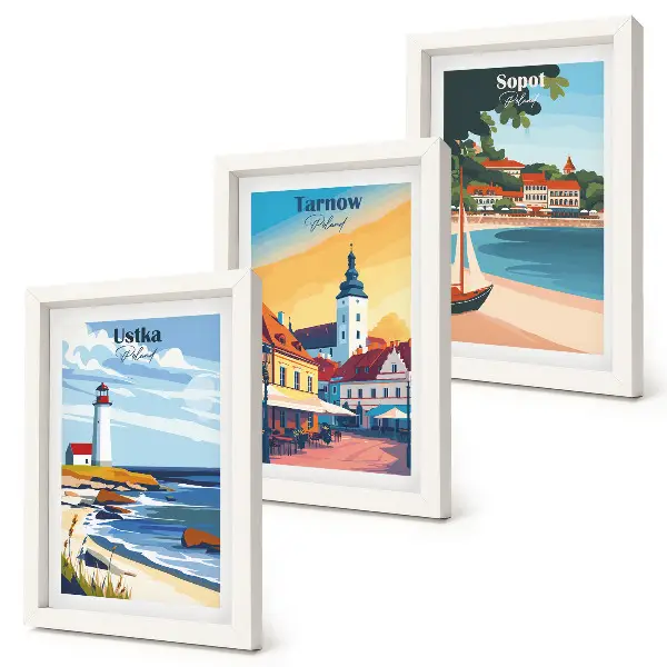 Bilderwand mit Ansichten polnischer Städte wie Ustka, Tarnów und Sopot