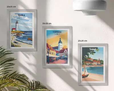Bilderwand mit Ansichten polnischer Städte wie Ustka, Tarnów und Sopot