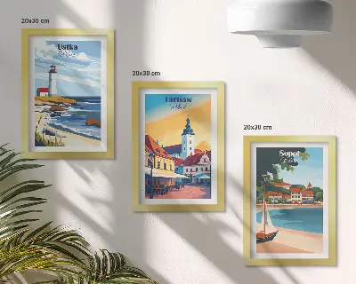 Bilderwand mit Ansichten polnischer Städte wie Ustka, Tarnów und Sopot