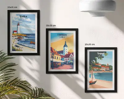 Bilderwand mit Ansichten polnischer Städte wie Ustka, Tarnów und Sopot