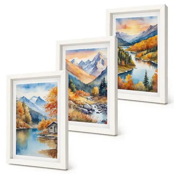 Berglandschaft mit Fluss und Herbstbäumen bilderset mit rahmen
