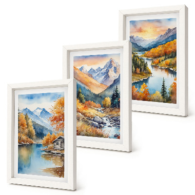 Bilderset mit rahmen Berglandschaft mit Fluss und Herbstbäumen