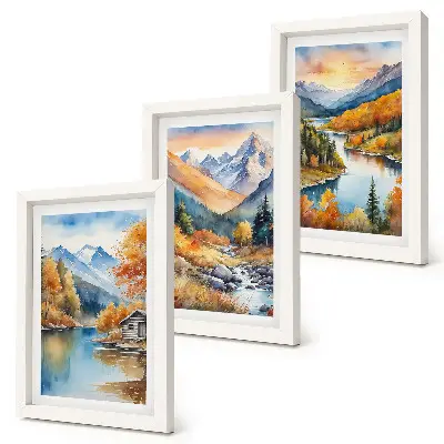 Berglandschaft mit Fluss und Herbstbäumen bilderset mit rahmen