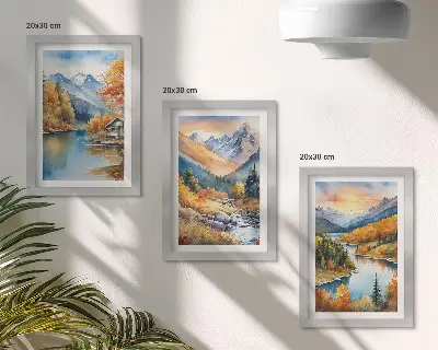 Berglandschaft mit Fluss und Herbstbäumen bilderset mit rahmen