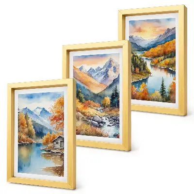 Berglandschaft mit Fluss und Herbstbäumen bilderset mit rahmen
