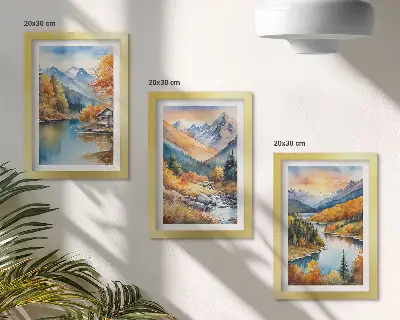 Berglandschaft mit Fluss und Herbstbäumen bilderset mit rahmen