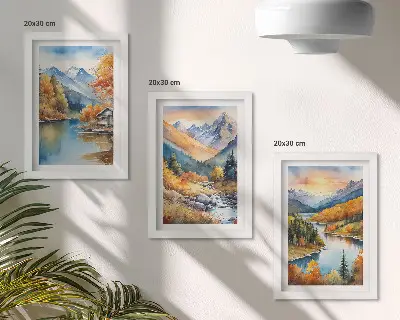 Berglandschaft mit Fluss und Herbstbäumen bilderset mit rahmen