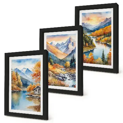 Berglandschaft mit Fluss und Herbstbäumen bilderset mit rahmen