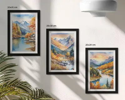 Berglandschaft mit Fluss und Herbstbäumen bilderset mit rahmen