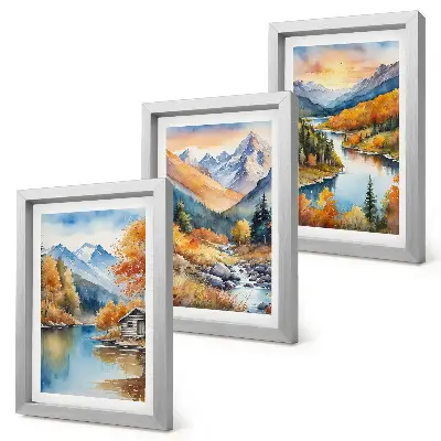 Berglandschaft mit Fluss und Herbstbäumen bilderset mit rahmen