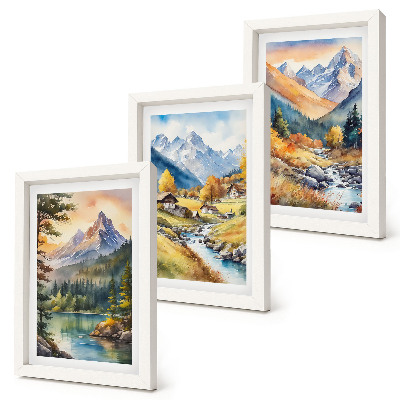 Bilderwand Eine Berglandschaft mit einem Fluss und Hütten in Herbstfarben