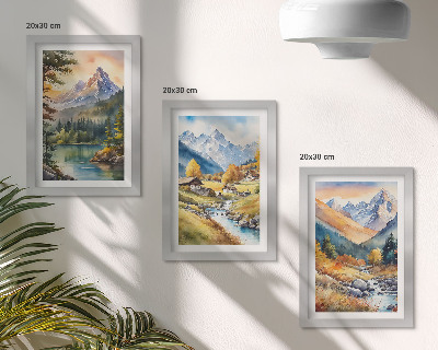 Bilderwand Eine Berglandschaft mit einem Fluss und Hütten in Herbstfarben