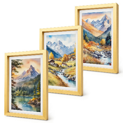 Bilderwand Eine Berglandschaft mit einem Fluss und Hütten in Herbstfarben