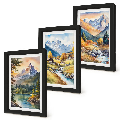 Bilderwand Eine Berglandschaft mit einem Fluss und Hütten in Herbstfarben
