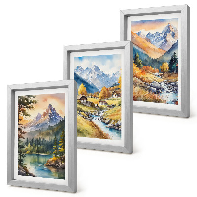 Bilderwand Eine Berglandschaft mit einem Fluss und Hütten in Herbstfarben