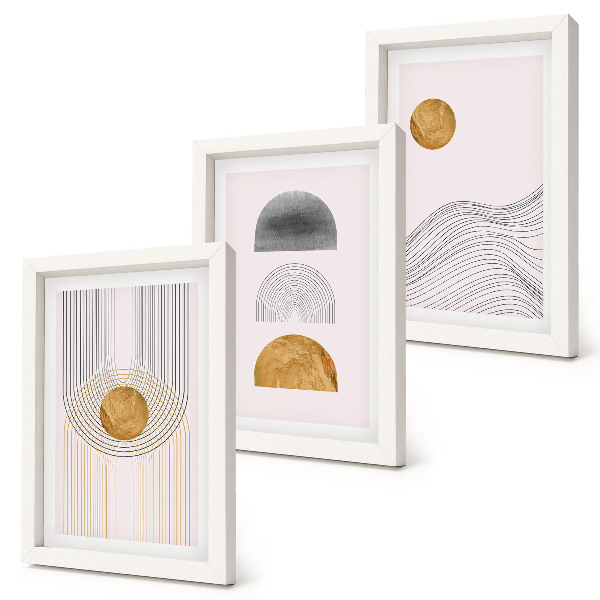 Bilderset mit rahmen Abstrakte Formen und Linien in Beige- und Grautönen.