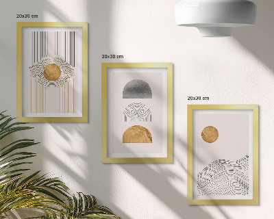Bilderset mit rahmen Abstrakte Formen und Linien in Beige- und Grautönen.