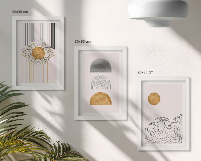 Bilderset mit rahmen Abstrakte Formen und Linien in Beige- und Grautönen.