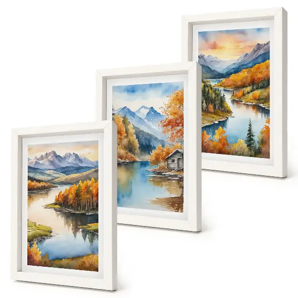 Bilderwand herbstliche Berglandschaft mit Fluss und Ferienhaus am Wasser