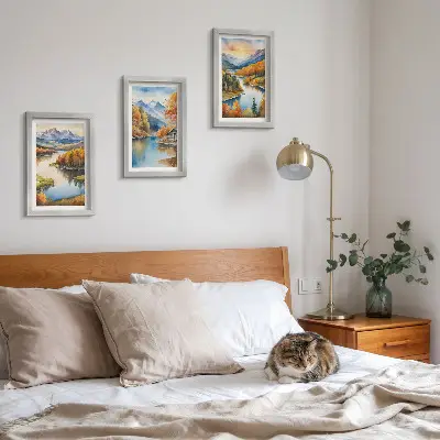Bilderwand herbstliche Berglandschaft mit Fluss und Ferienhaus am Wasser